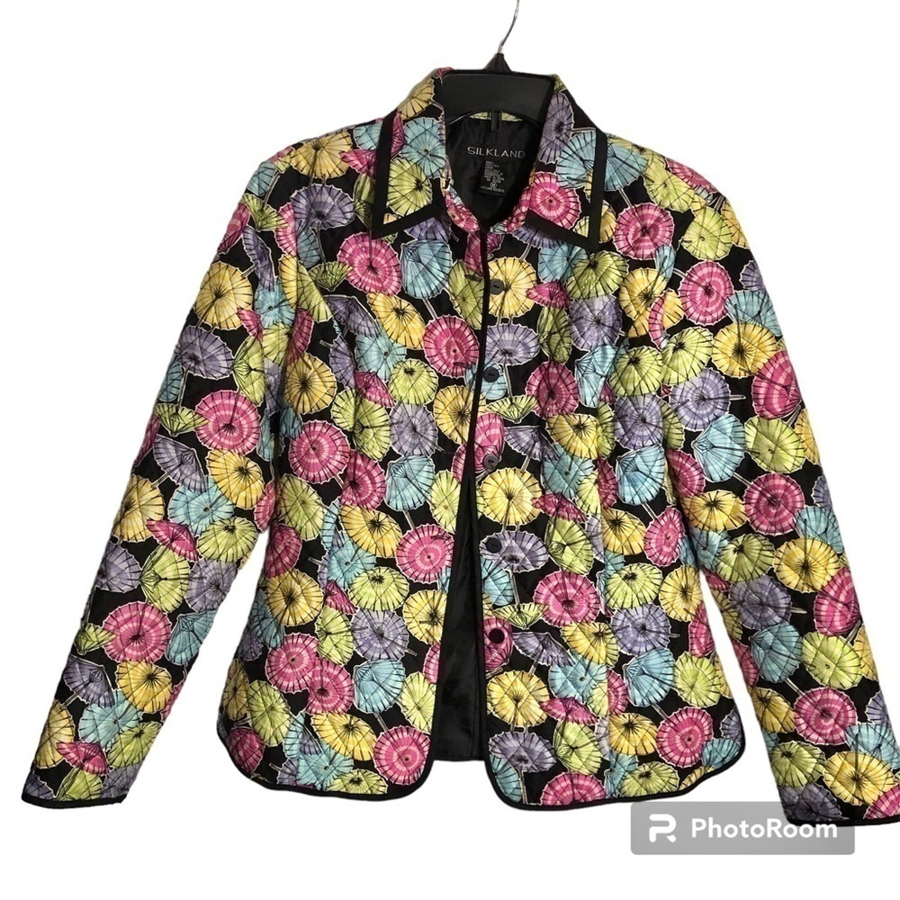 Silkland 100% Silk Pink Blue Lavender Lime Yellow Umbrella Quilted Blazer M